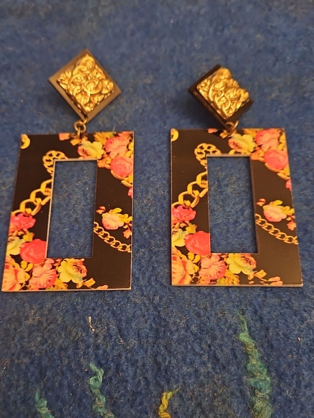 4 For $10 Floral Black and Pink Rectangular Drop Picture Frame  Earrings